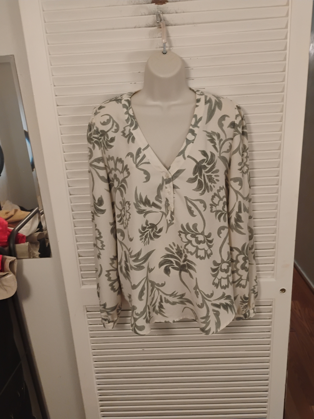 Womens White and Sage Floral V-Neck Blouse